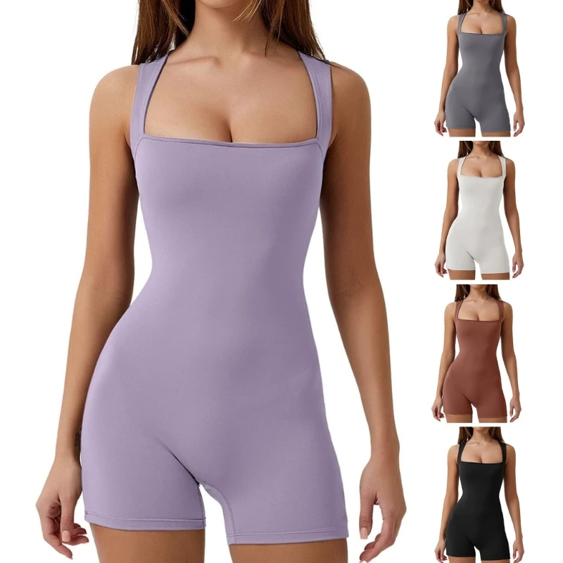 

2023 New Square Neck Romper Sexy Bodycon Yoga Jumpsuits Tik-tok Celeberty Style Romper Women Sleeveless Insgram Style Romper