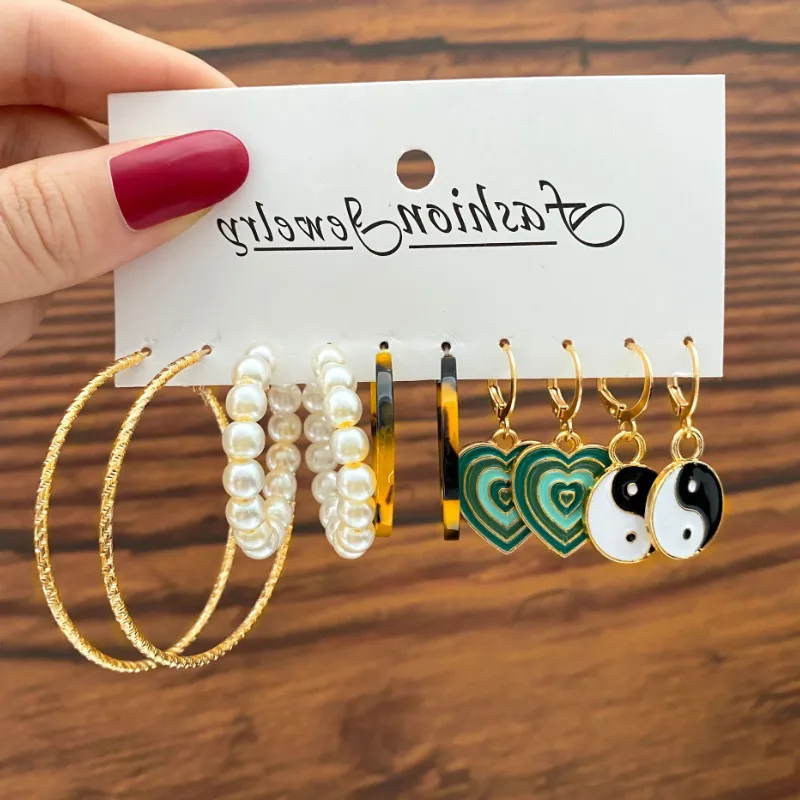 

5 Pairs New Women's Green Heart Pendant Earrings Set Creative Temperament Pearl Hoop Earring