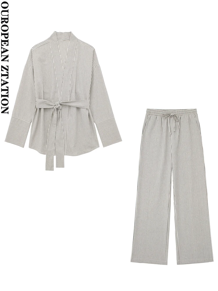

PAILETE Women 2023 fashion with belt striped kimono jacket or high-waist striped pyjama style trousers two pieces sets mujer