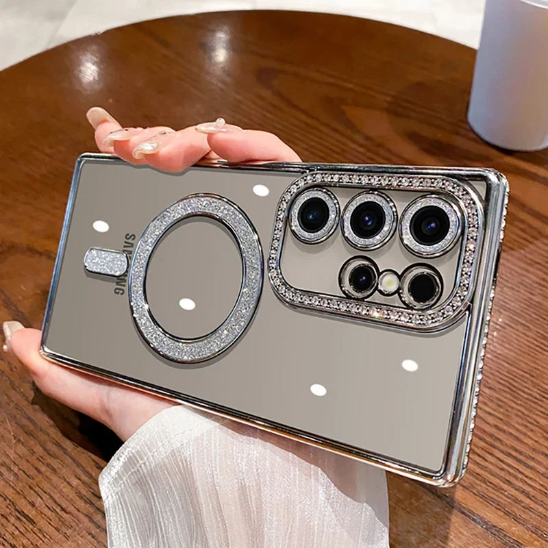 Модный Магнитный чехол с покрытием и бриллиантами для Samsung Galaxy S24 23 22 Ultra Plus