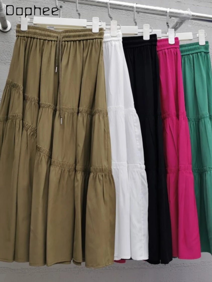 

Temperament Lace-up Midi Skirt Mujer 2022 Summer New Woman Solid Color Elastic High Waist Big Swing A- Line Midi Pleated Skirts