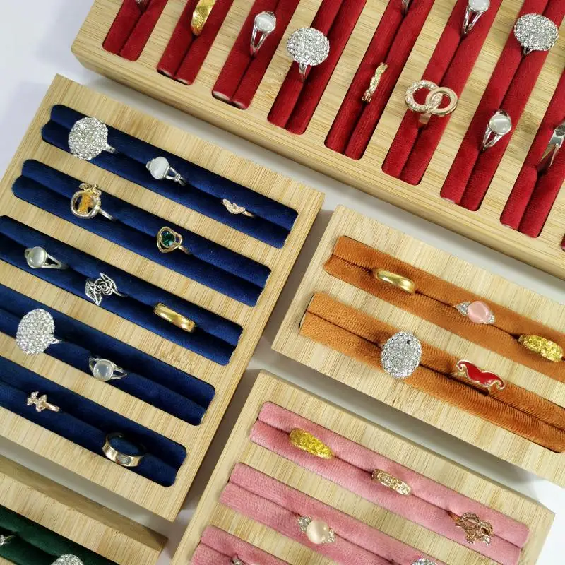 Поднос для демонстрации колец и ювелирных изделий из бамбукового дерева бархата
