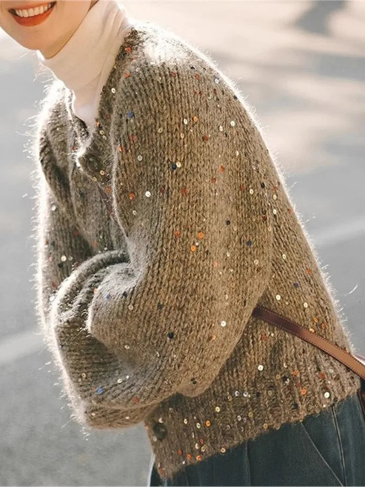 Вязаный кардиган с блестками в стиле ретро женский свитер на осень-зиму 2024 новый