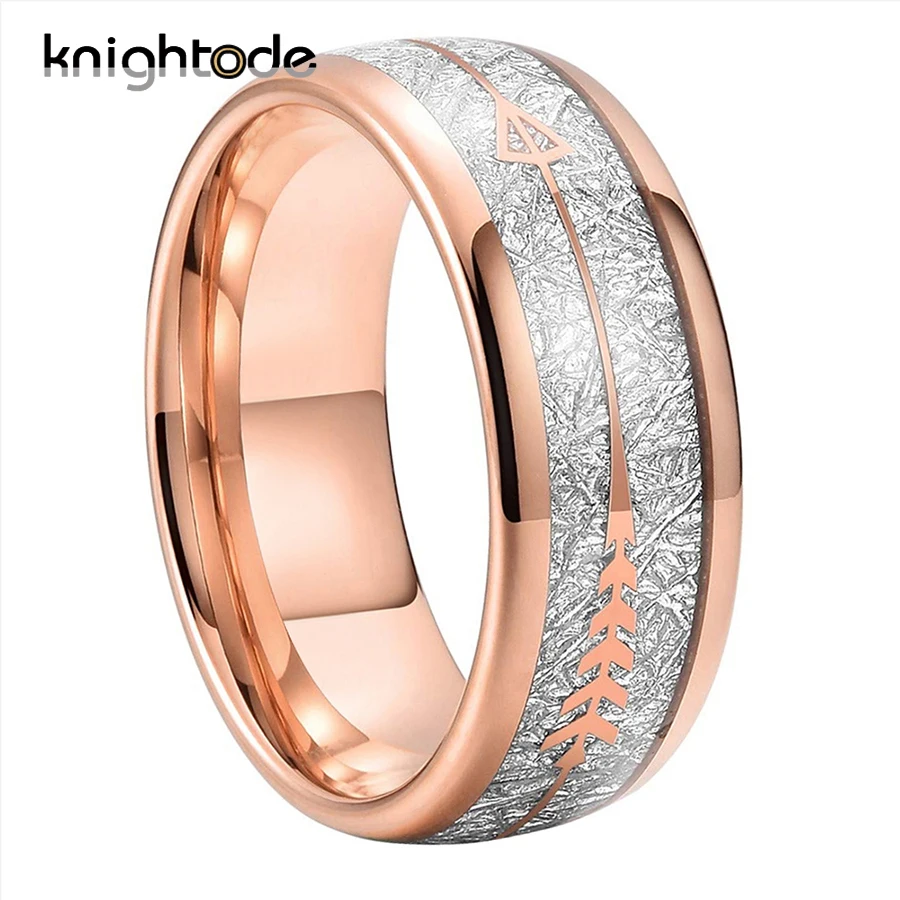 

8mm 2 Color Tungsten Carbide Wedding Band Rose Gold Arrow White Meteorite Inlay Men Women Lovers Rings Polished Dome Comfort Fit