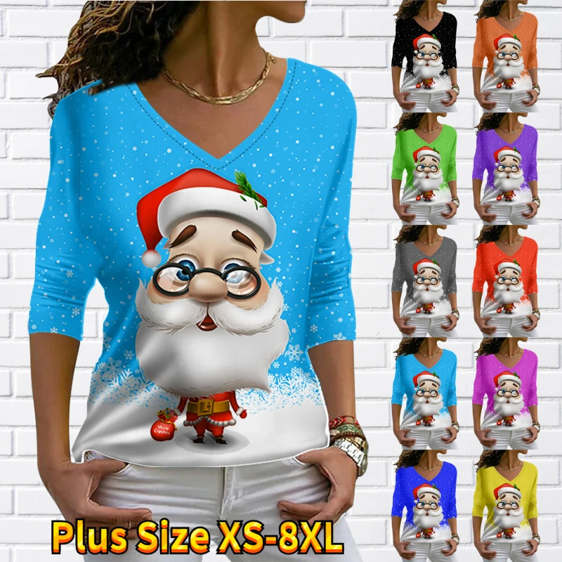 

2022 New Women's Loose Size Sleeves V-Neck Father Christmas Print Pullover T-shirt Autumn Winter Female Fashion Christmas Tops