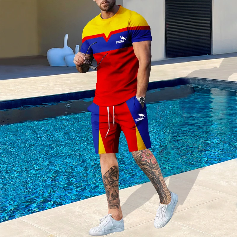 

Summer Men's New Style Casual Round Neck Irregular Color with T-shirt Shorts Suit Young Men's Fashion Casual Sports Suit