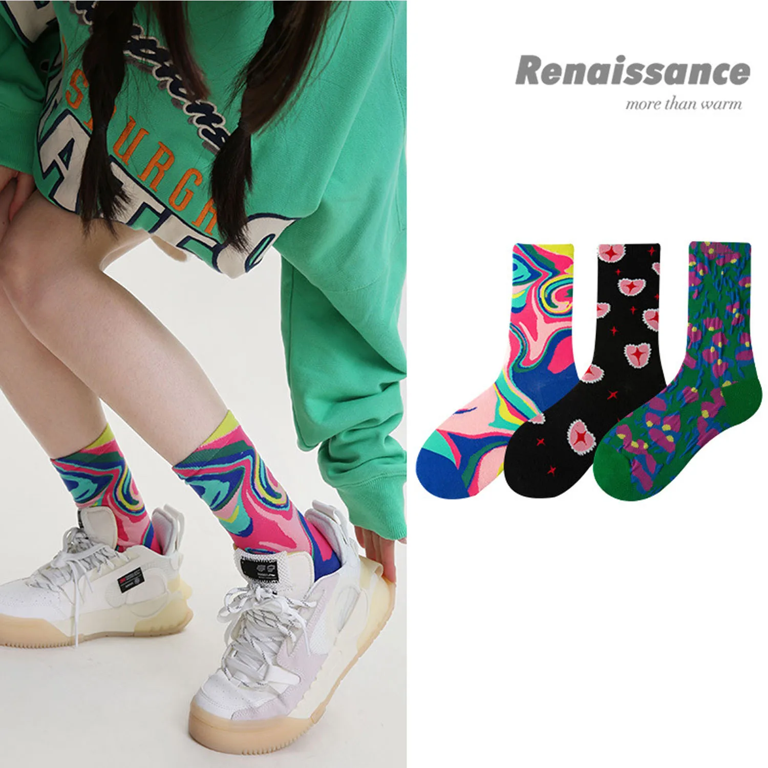 WYXCEN 3 Pairs/Set Renaissance Original Design Oil Painting Style Tube Socks Three-Dimensional Relief Trend Women's Cotton Socks