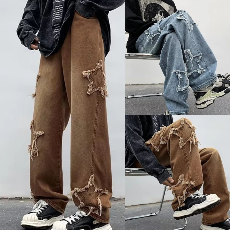 

2023 New Spring Fashion Stars Towel Embroidery Baggy Jeans Men Y2k Pants Straight Hip Hop Pantalon Homme