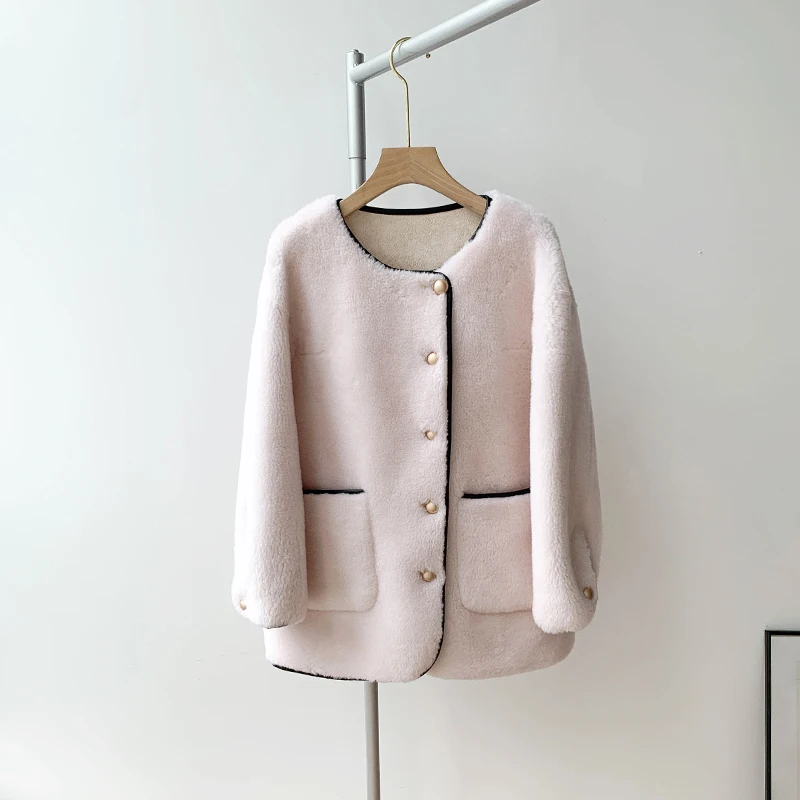 

Korean Fashion Double Face 100% Wool Coat Women Short O-Neck Thick Elegant Solid Sheep Shearing Winter Jacket