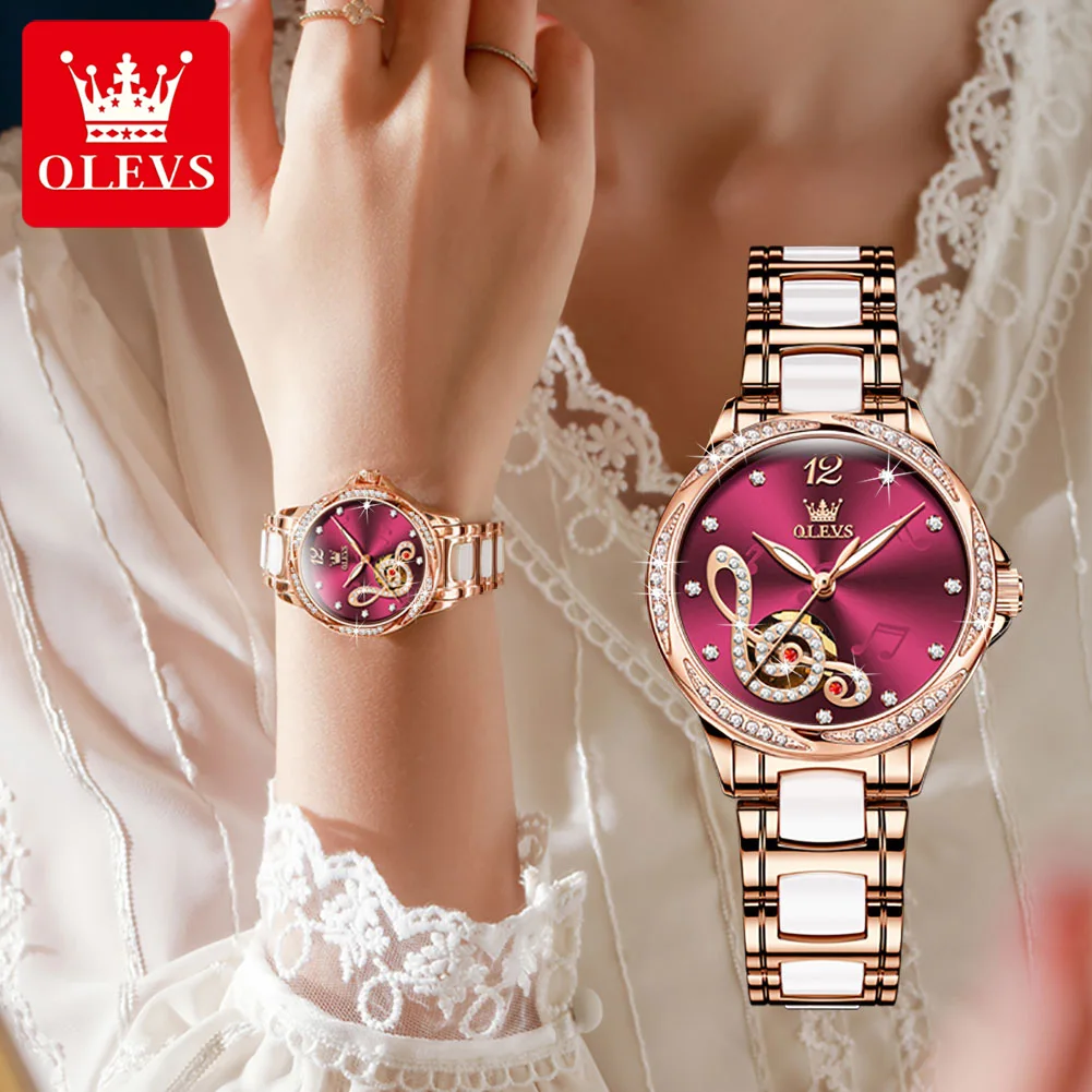 OLEVS 6656 Full-automatic Fashion Women Wristwatches Waterproof Ceramic Strap Automatic Mechanical Watches for Women Luminous enlarge