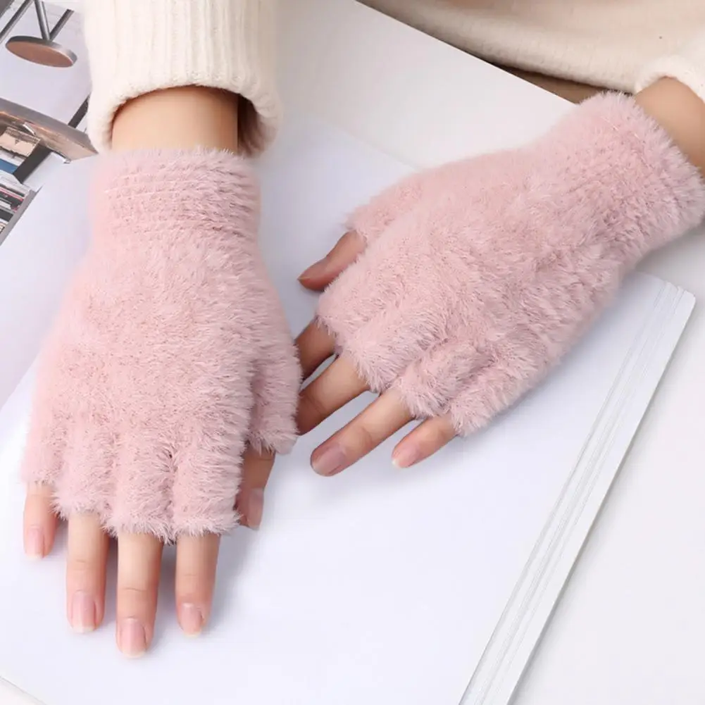 

New Solid Color Imitation Mink Half Finger Gloves Fluffy Plush Fingerless Gloves Stretchy Arm Warmers Autumn Winter Warm Mitten