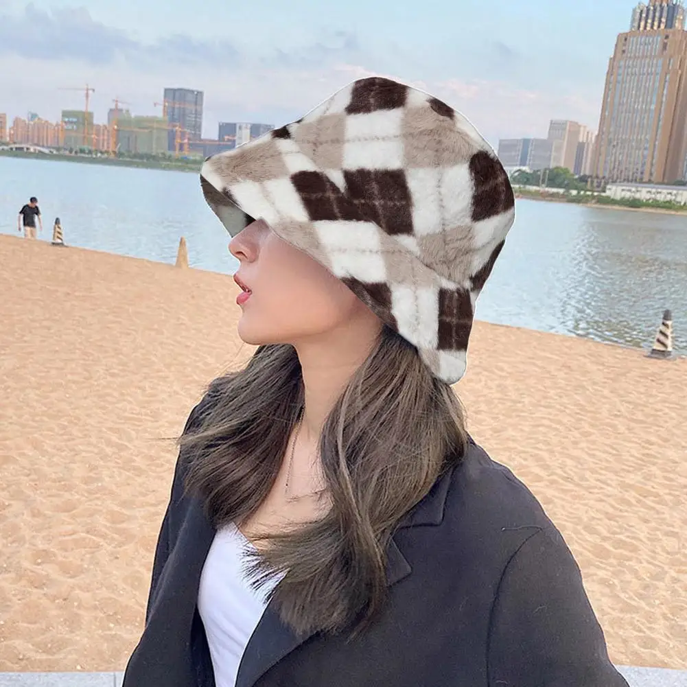 

Bucket Hat Striped Women Men Fishing Fisherman Hat Outdoor Autumn Caps Panama Wool Fur Faux Warm Winter Unisex U2e9