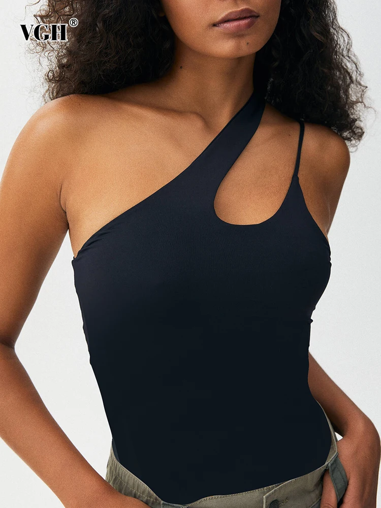

VGH Sexy Solid Tank Top For Women Asymmetrical Skew Collar Sleeveless Slimming Casual Tank Tops Female 2022 Summer Fashion Style