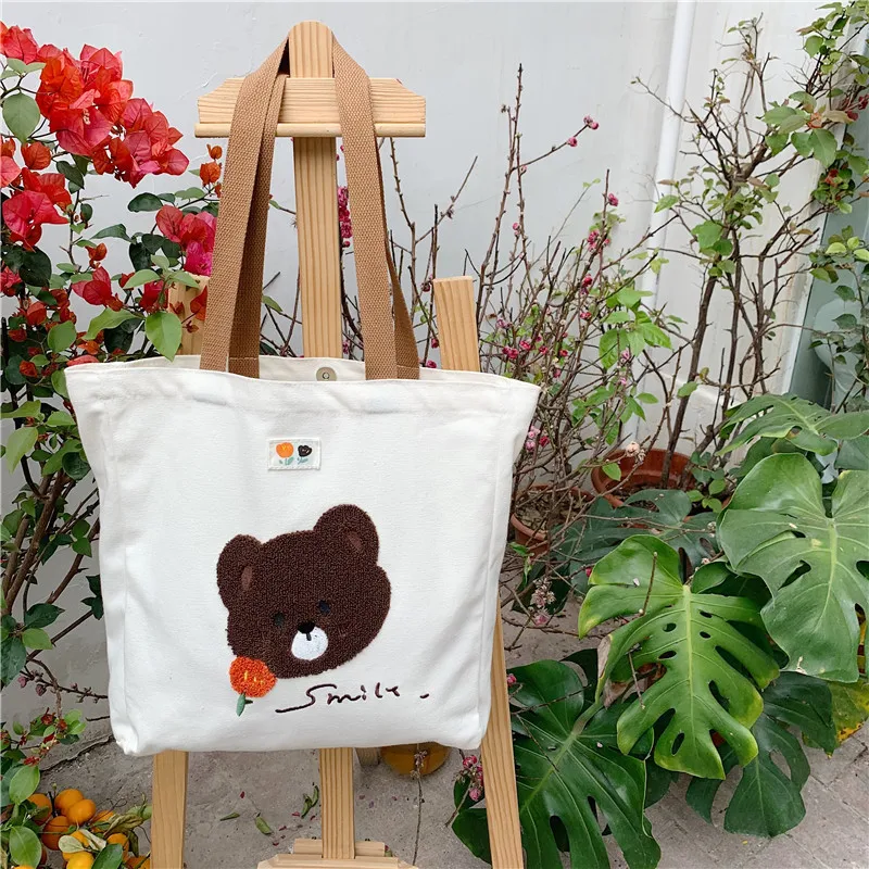 

Large Capacity Women Tote Shoulder Bags Simple Casual Female Reusable Shopping Bag Embroidered Bear Girls Purse Book Handbags