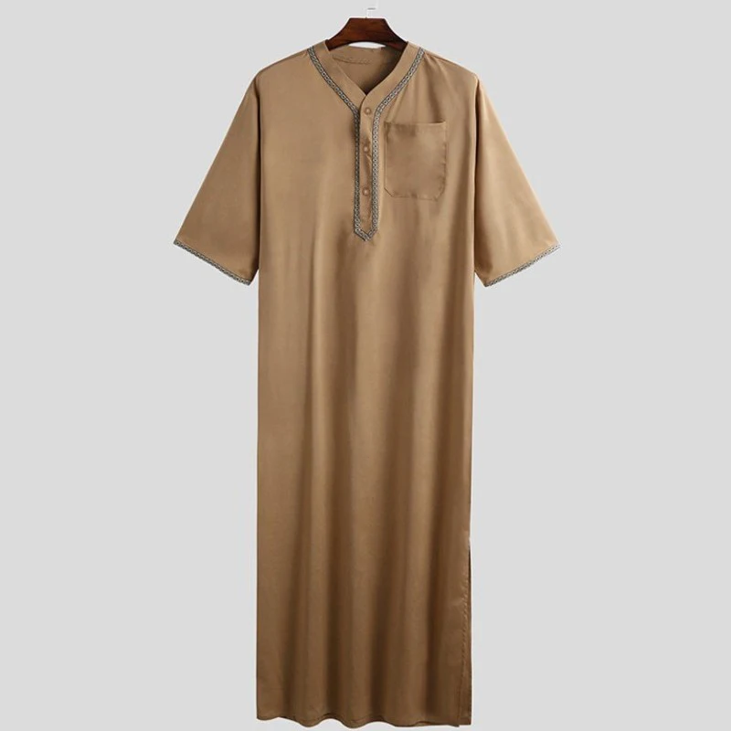 Islamic Clothes Arabic Kaftan Solid Color V Neck Muslim Robes Men Loose Casual Dubai Abaya Jubba Thobe 5XL Ramadan Husband Gift