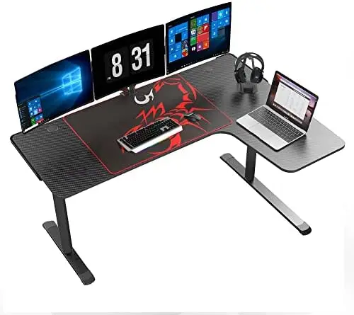 

Shaped Gaming Desk, 60 Inch L60 Home Office Corner PC Computer Gamer Table Large Writing Workstation Gifts w Mouse Pad Cable Man