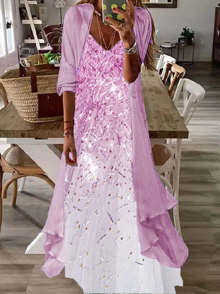 

Женский костюм в стиле бохо, винтажное платье-трапеция с принтом и V-образным вырезом и длинный кардиган с рукавом до локтя, весенняя одежда