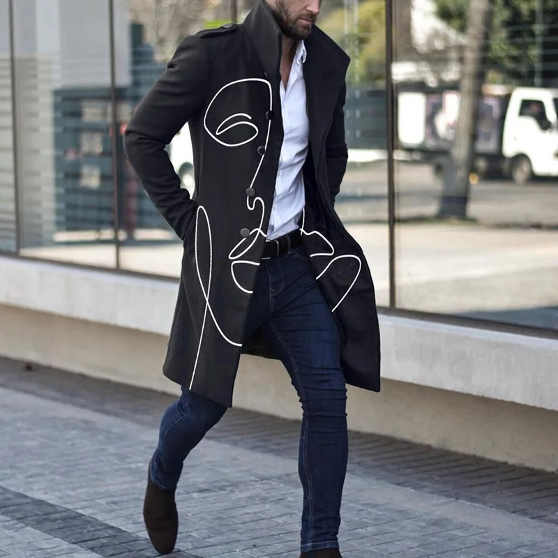 

Man Single Breasted Jacket Letter Printing Button Long Slim Coat Long Sleeve Autumn Winter Warm Causal Harajuku Street Outwear