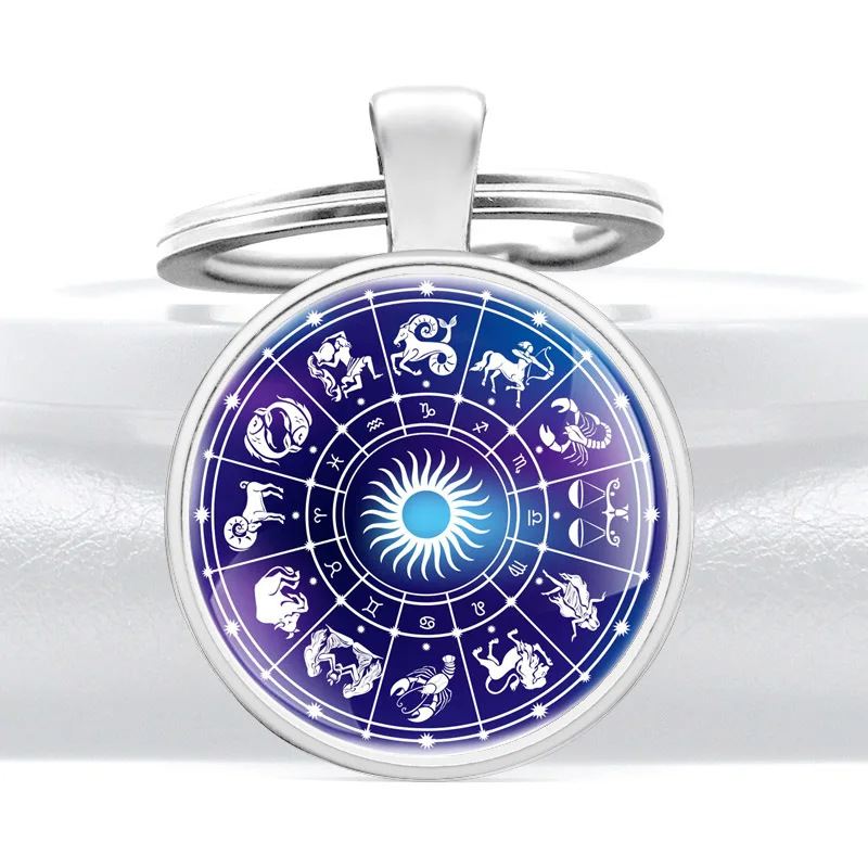 

Classic Twelve Constellations Glass Cabochon Metal Pendant Key Chain Men Women Key Rings Accessories Keychains Gifts