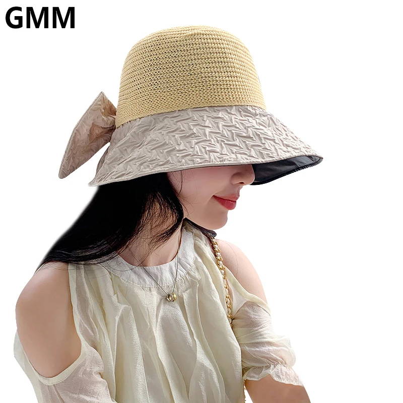 

Fashion Bow Pleated Bucket Hat Summer Women Sun Hats Mesh Top Breathable Foldable Wide Brim Women Fisherman Cap Beach Straw Hat