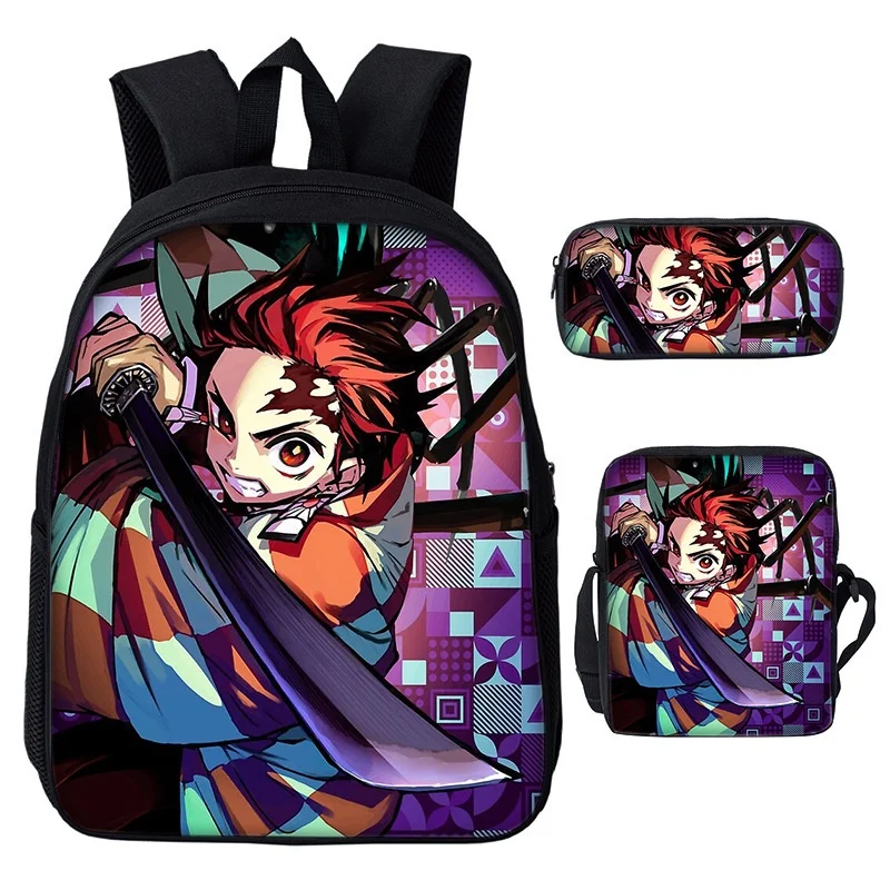 3 Piece Girls Boys Primary School Student Shoulder Bags Demon Slayer Nezuko Tanjirou Children Anime Backpacks Pen Bag 2022 New