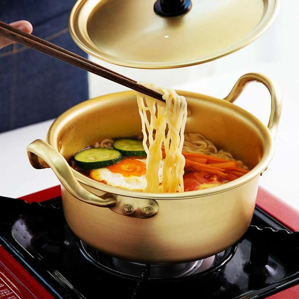 

Korean Ramen Noodles Pot 14cm/16cm/18cm/20cm Soup Pot Double Ears Soup Pot Aluminum Golden Cookware Kitchen Tools Accessories