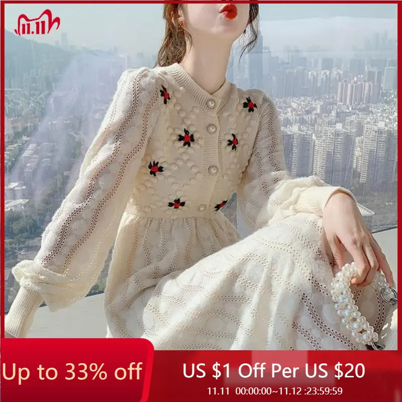 

Knitting Sweater Maxi Dresses for Women Female Korea Style Slim Embroidery Wool Long Sleeve Woman Dress Party 2022 Autumn Winter