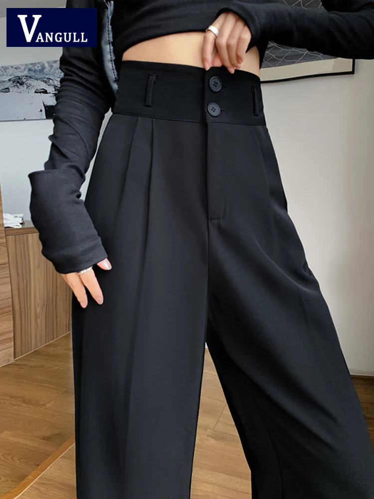 

Vangull Black Suit Pants Women Hight Waist Wide Leg Trousers Female 2 Buttons Vintage Streetwear Loose Ladies Work Bottoms Pants