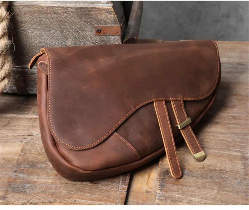 Vintage fashion designer natural crazy horse cowhide men's chest bag travel multifunctional genuine leather shoulder bag satchel