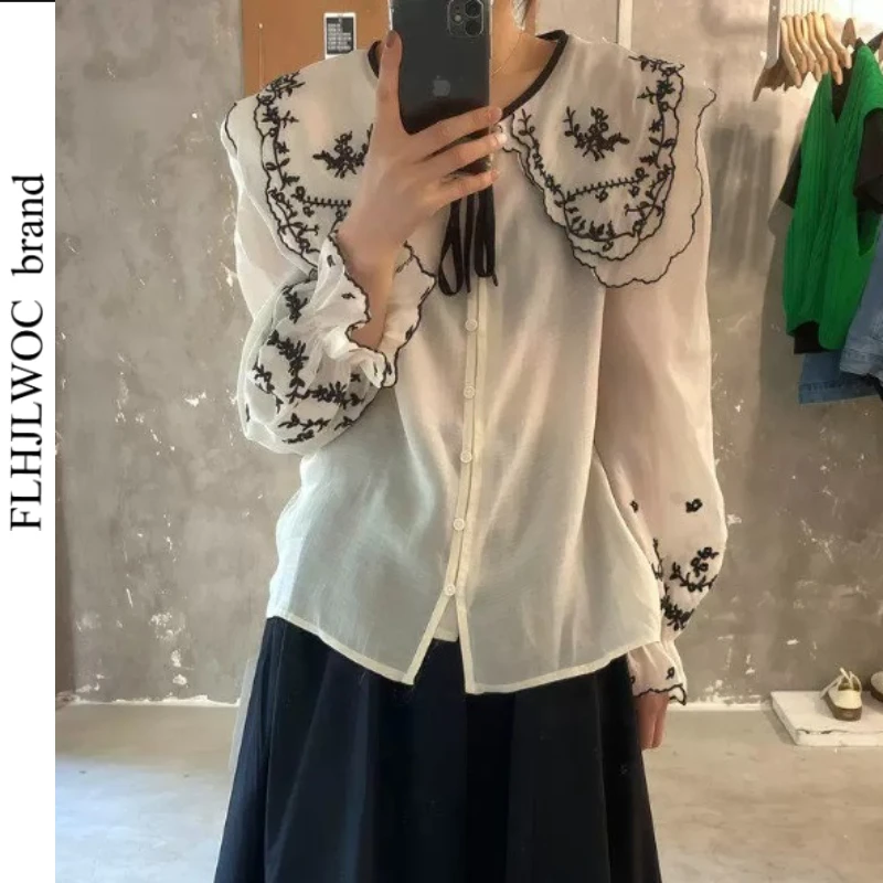 Фото Женские топы Mori Girls из Южной Кореи, милые, нежные, хлопковые, с вышивкой, в стиле преппи, винтажные, с воротником Питер Пэн, тонкие рубашки-блузки FLHJLWOC №1