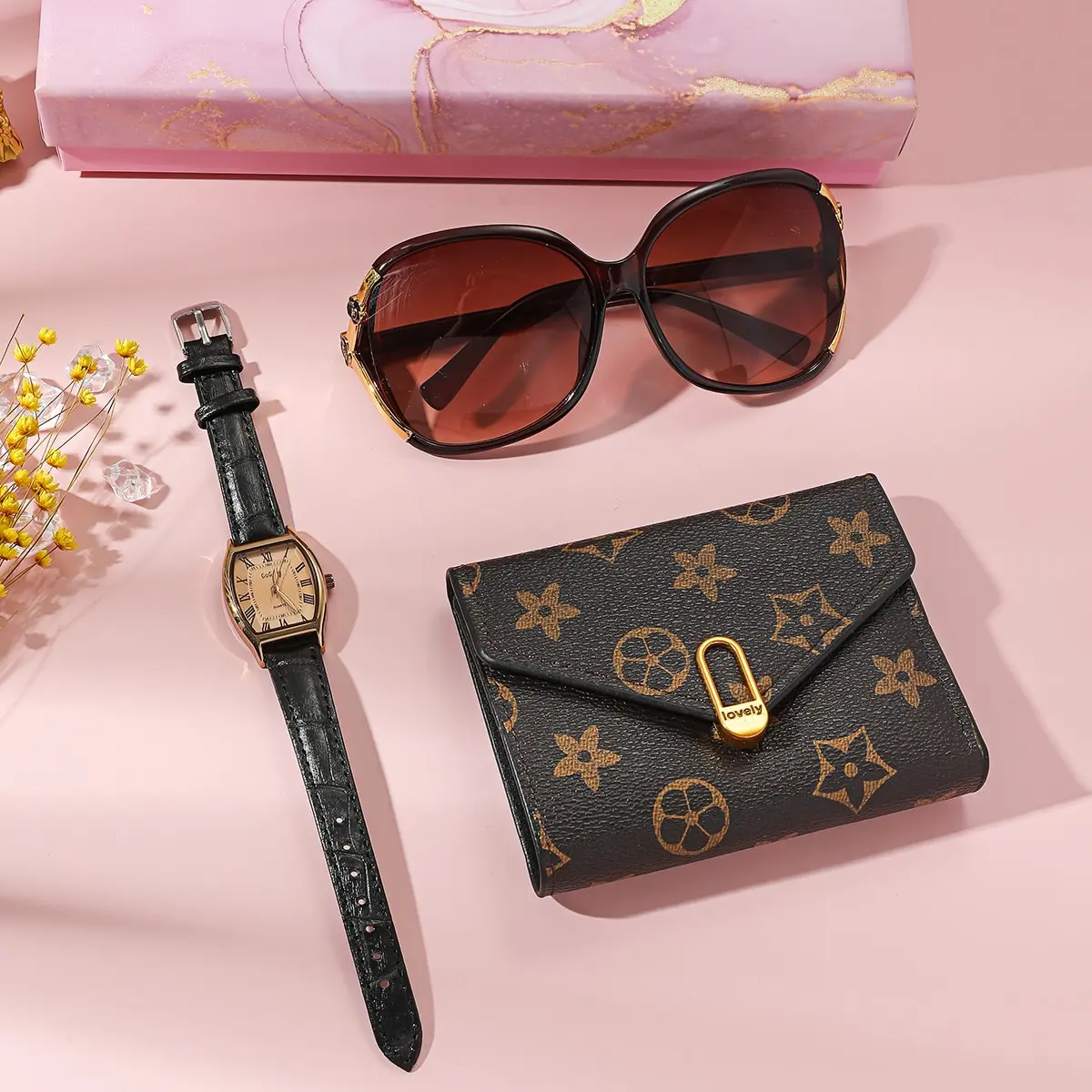 Women Creative Gifts Box Set Watch Sunglass Wallet Holiday Practical 3pcs Birthday Gift Box Set for Mother Girlfriend Student
