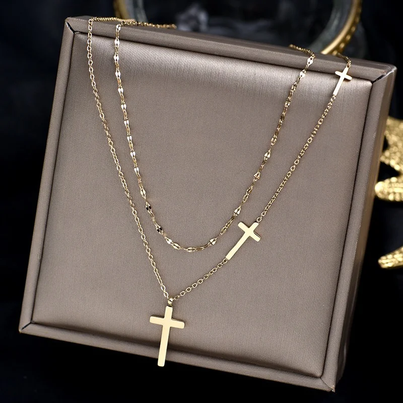 

316L Stainless Steel Cross Double Layer Necklace Female Chocker Simple For Women No fade