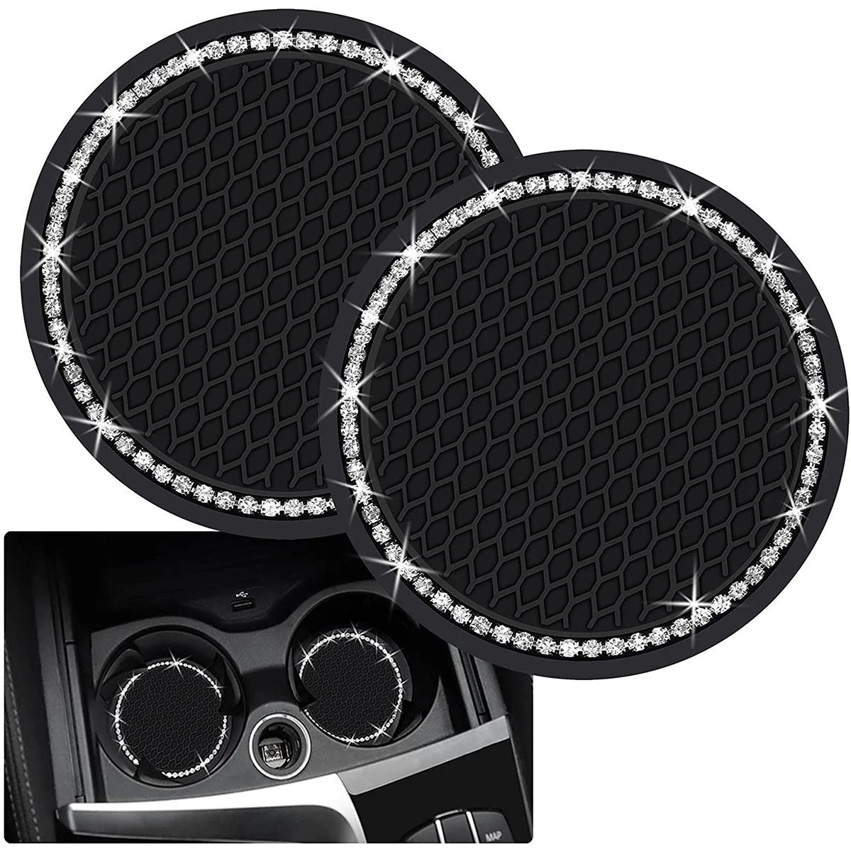 

2Pcs Bling Car Cup Holder Insert Coasters Rubber Anti-Slip Crystal Rhinestone Drink Mat Universal Vehicle Interior Accessories