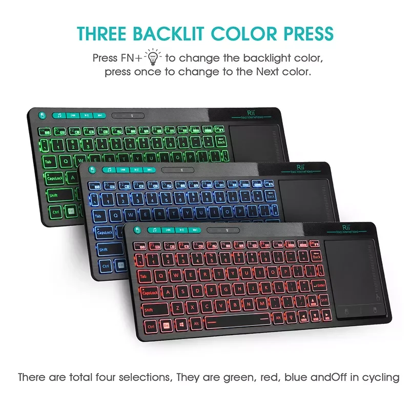 

Rii K18 Plus Wireless Multimedia English Russian French Hebrew Keyboard 3-LED Color Backlit with Multi-Touch for TV Box,PC