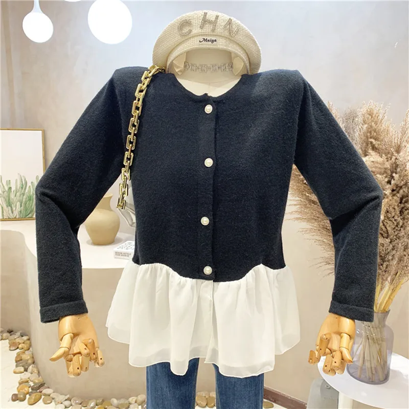 

Niche Design New Women's Clothing 2022 Spring Splicing Contrast Color Knitted Top Bottomed Shirt Vestidos Sweater Cardigan