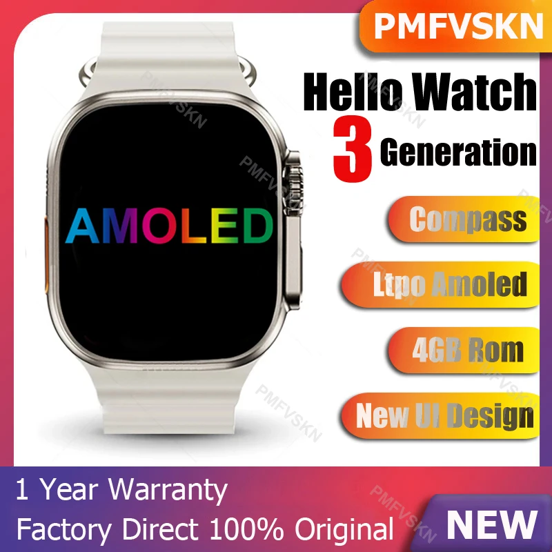 

Смарт-часы Hello Watch 3, умные часы с Amoled экраном, ультра компасом, Bluetooth, вызовом, памятью 4 ГБ, Смарт-часы для мужчин и женщин, улучшенные H11, 2023