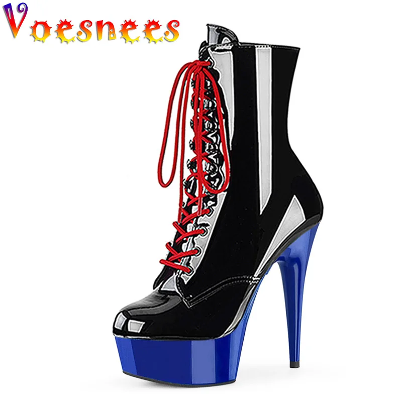 

Women Pole Dancing High Heels Lace-up 15CM Super High Round Toe Model Walk Show Shoes Waterproof Platform Low Tube Short Boots