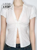 ledp summer basic casual cardigan y2k pleated crop top fashion top single breasted v neck t shirt women retro harajuku t shirt