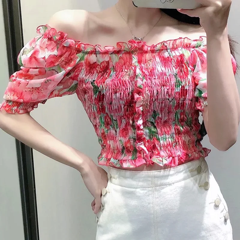 

2021 Spring Floral Ruffled Cottagecore Crop Top Vintage Short Sleeve T-shirt Retro Elastic Loose Print T-shirts Women's Clothes