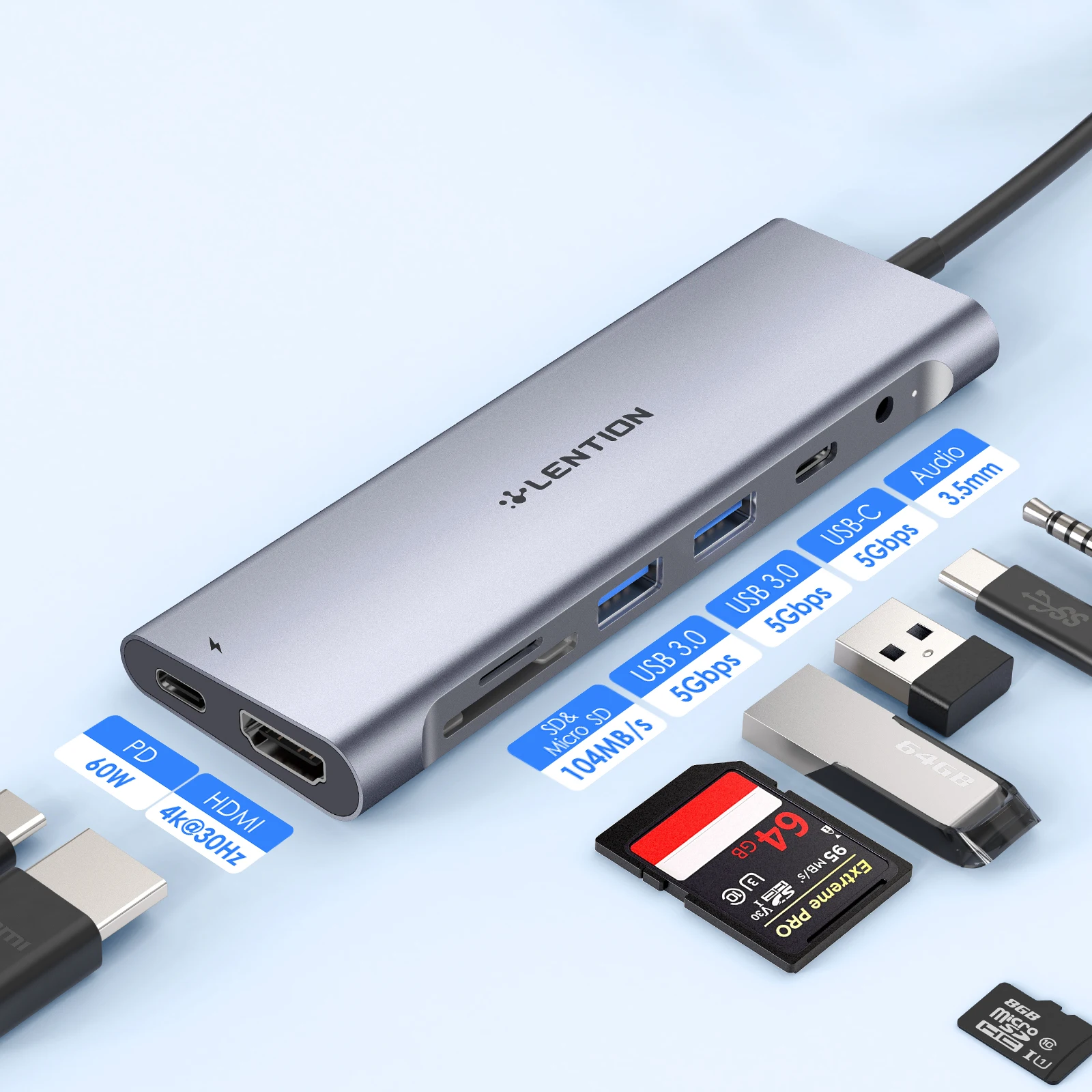 Док-станция с длинным кабелем 4K HDMI, USB Type-C, USB 3,0