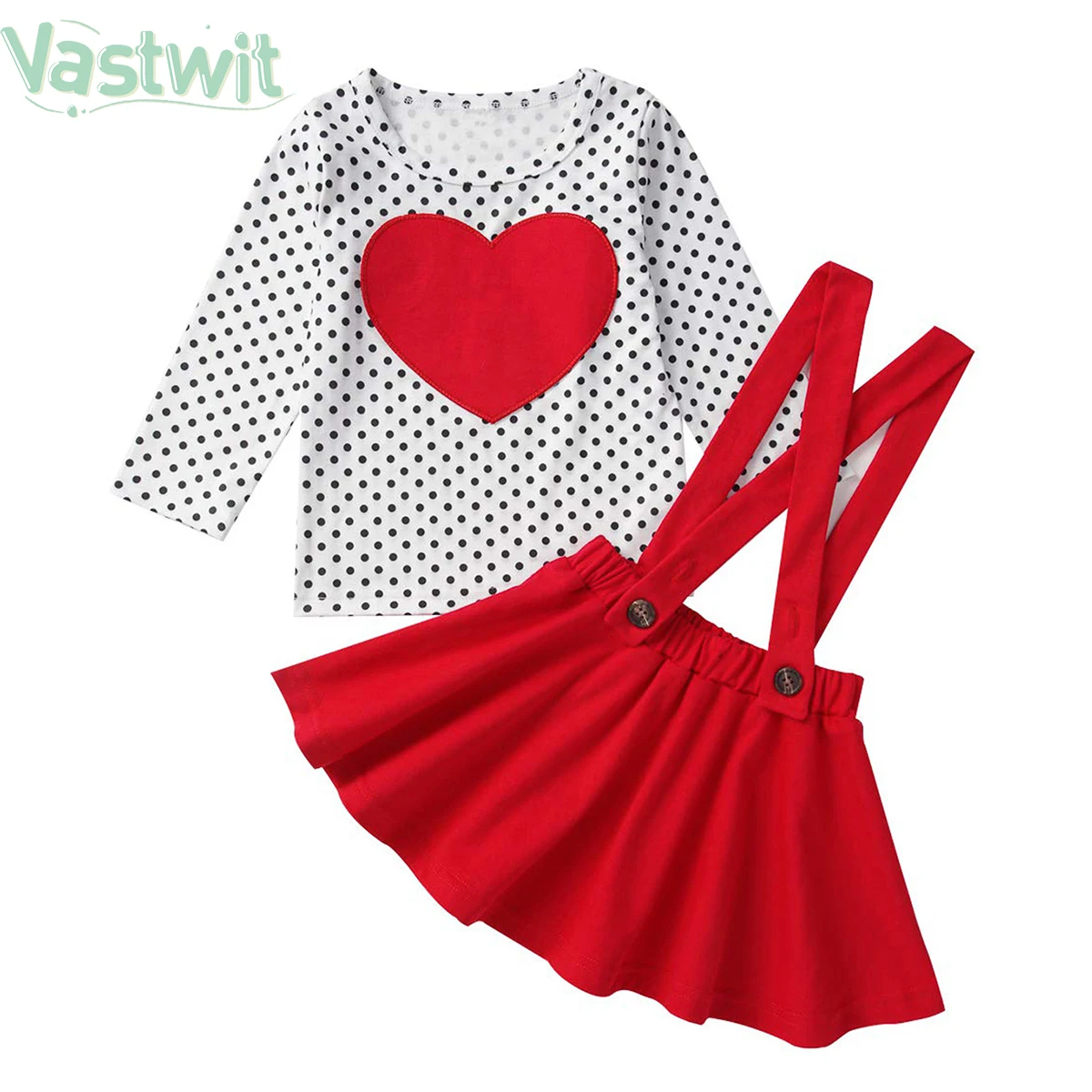 

1-6Y Autumn Kids Girls Clothes Sets 2pcs Polka Dots Print Long Sleeve T Shirts+Red Suspender Skirt Lovely Valentine's Day Set