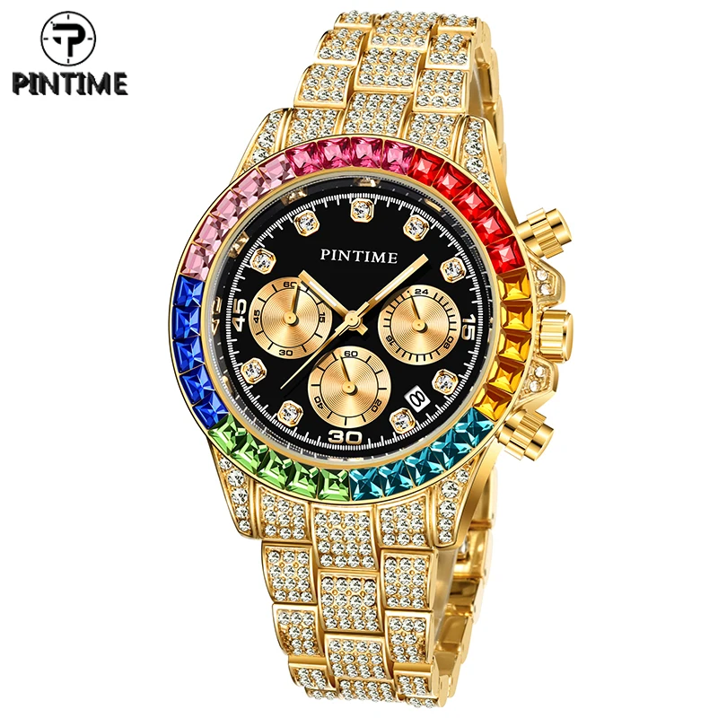 

PINTIME Quartz Watch Men Luxury Diamond Hip Hop Colorful Bezel Stone Iced Out Gold Wristwatch Clock Male zegarek meski montre