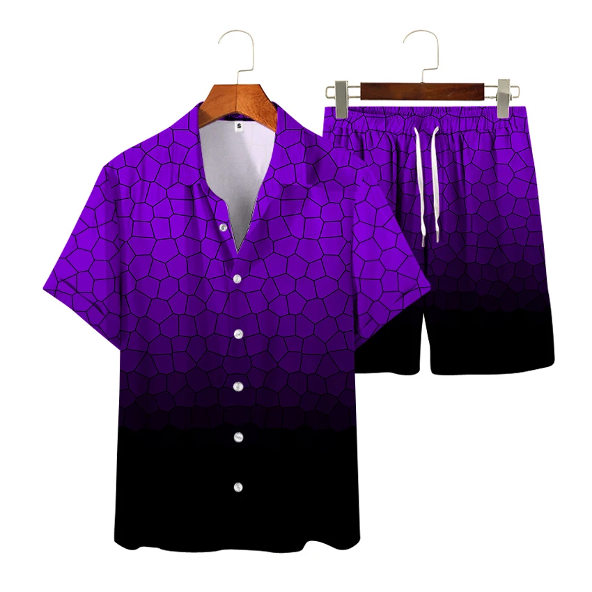 Fashion Men's Shirts Sets Turn-Down Collar Buttoned Hawaiian Shirt Men Casual Shorts Gradient Print Short Sleeve Tops Cardigan
