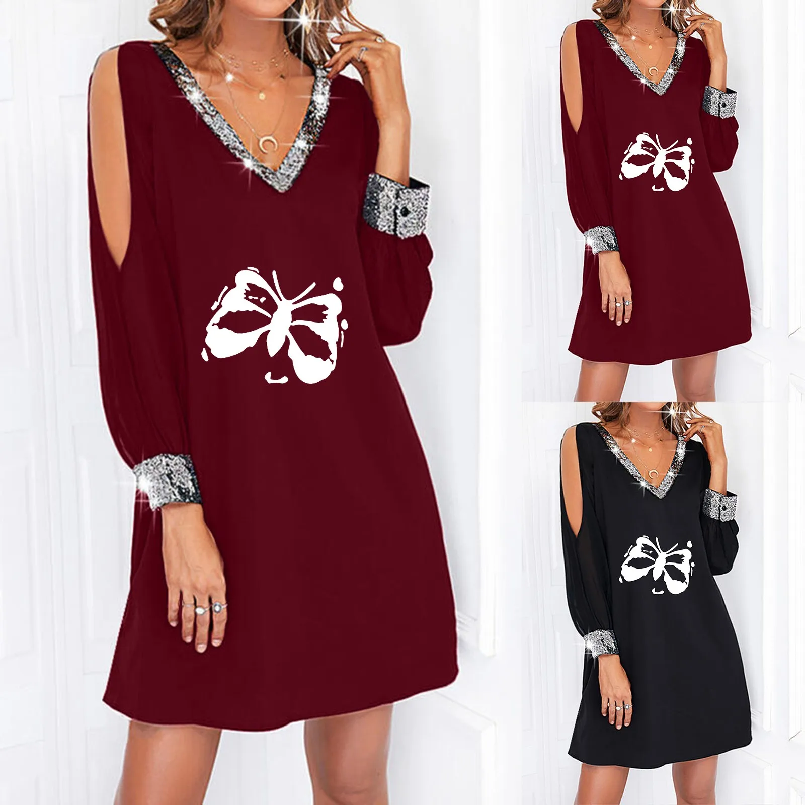 

Women V Neck Dress Paillette Long Sleeve Pattern Print Off Shoulder Dress Midi Dress Maxi Dress with Pockets for Women
