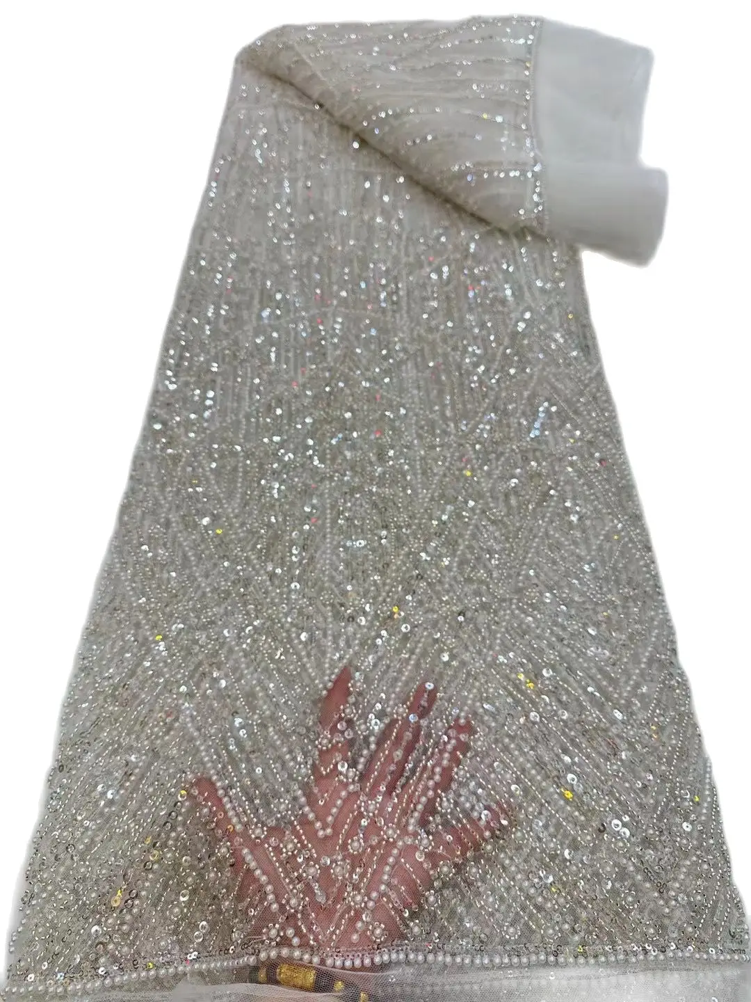 

Заводская цена, африканский тюль, кружево, белый бисер, красочные блестки, вечерняя вышитая блестящая кружевная ткань для свадебного платья 5 Yar