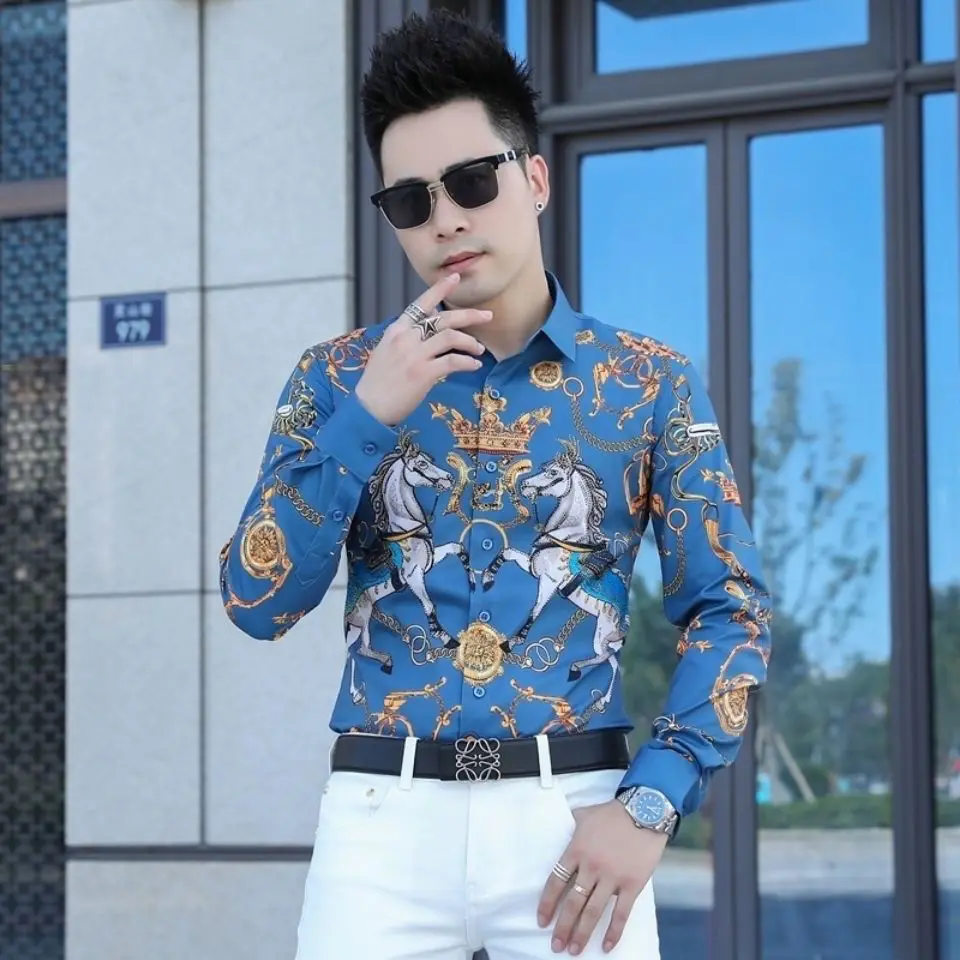 Autumn men's high-end flower shirt youth handsome slim long sleeve shirt personalized printed cardigan top