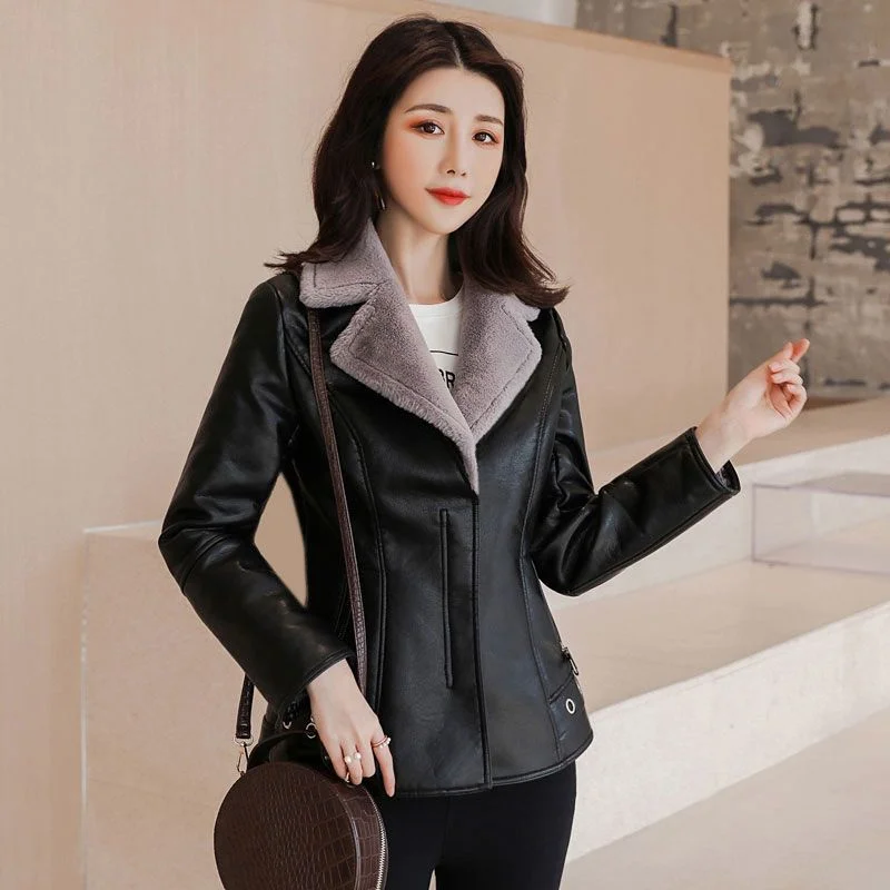 2023 New Winter PU Leather Jacket Women Short Blazers Coat Fleece Double-faced Fur Leather Outerwear Lady Slim Suit Tops Jackets