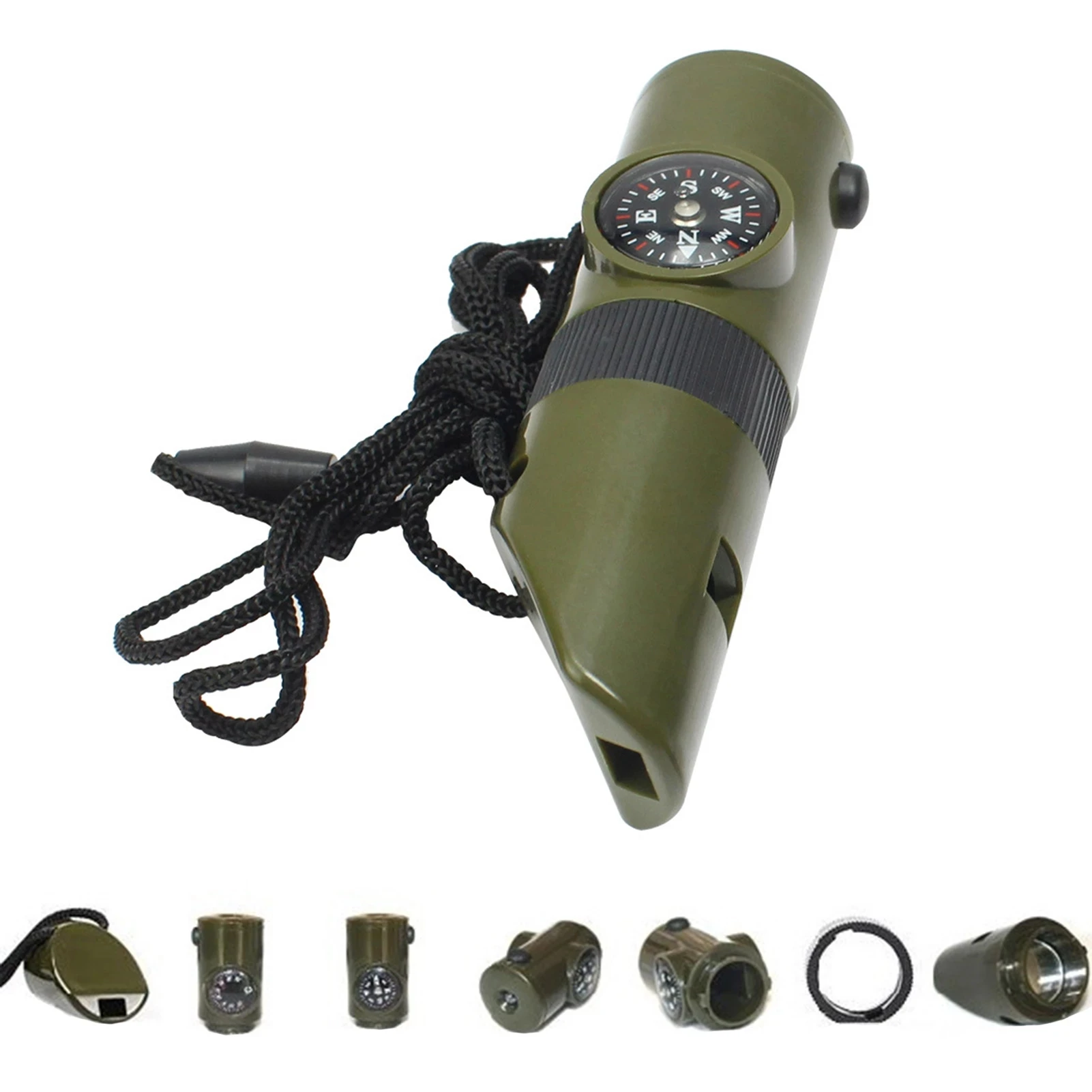 

7 In 1 Whistle Survival Bushcraft Trekking Whistle Compass Mirror Torch Magnifier Led Light Thermometer Storage Compass Tools