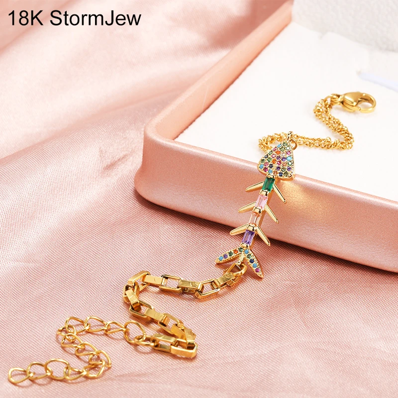 

Fish Bone Bracelets For Women Stainless Steel Gold Fish Bone Box Chain Bracelet Adjustable Colorful Zircon Double Chain Jewelry