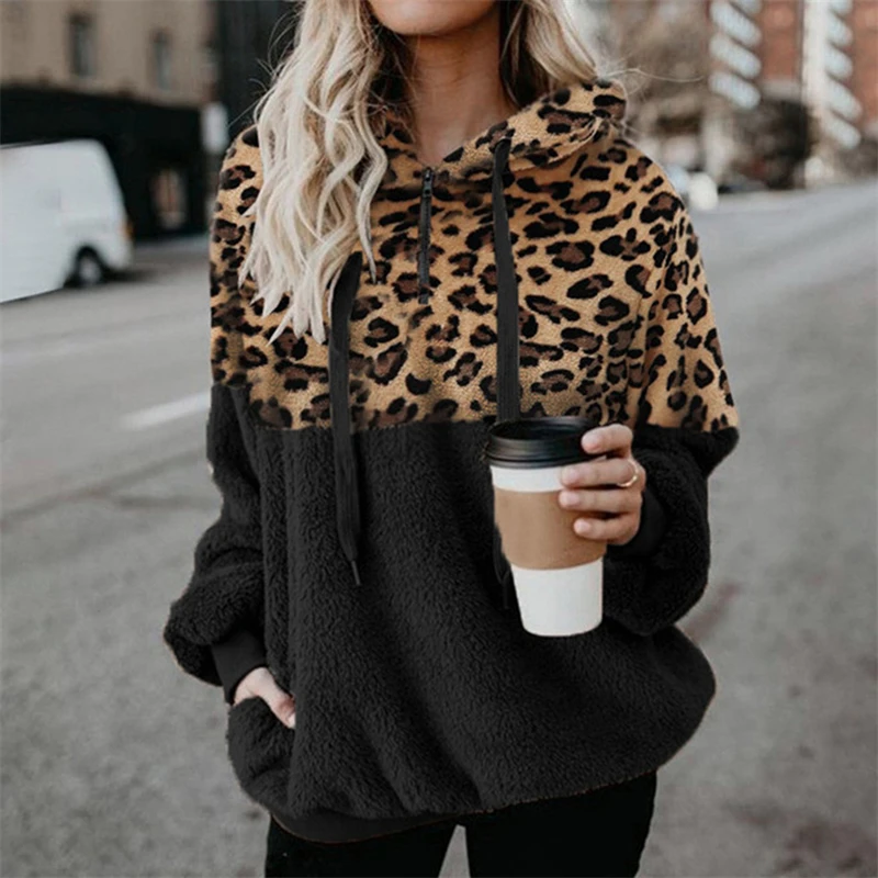 

Fall Hoodies Women Leopard Print Zipper Pocket Blouse Stitching Sleeve Plush Sweater Fashion Ladies Hoodie Woman Clothing